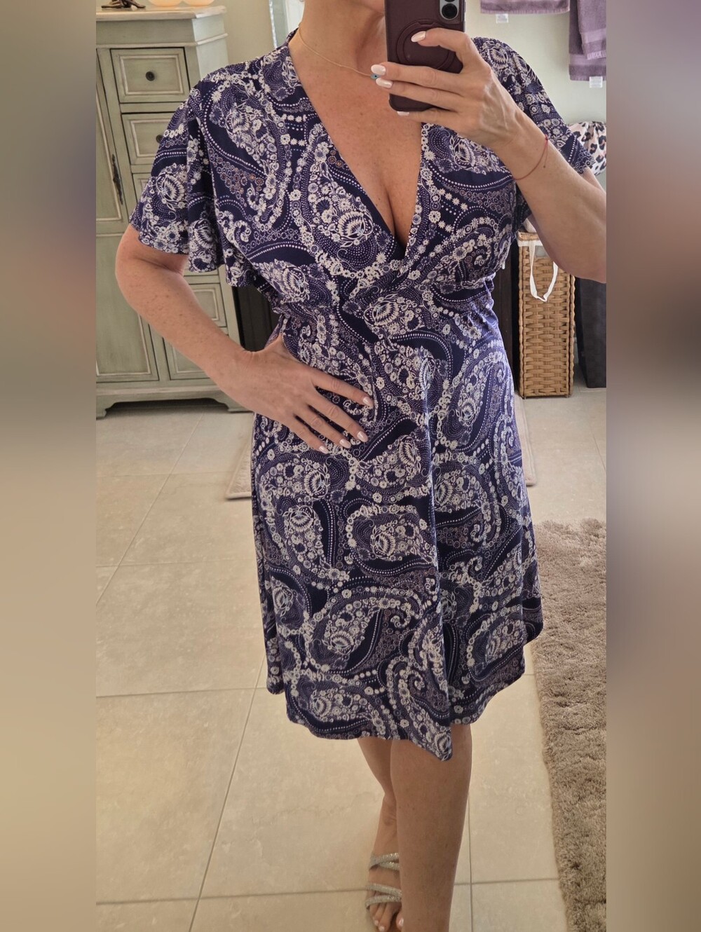Veronica M Navy and White Paisley Wrap Mini Dress